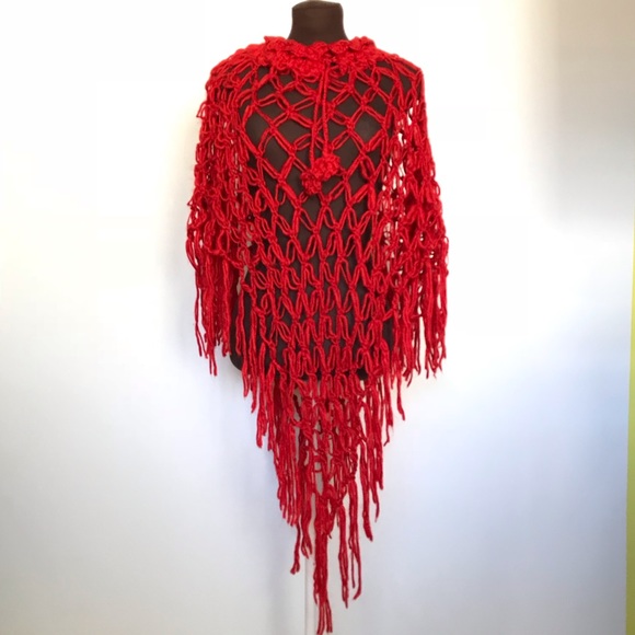 Jackets & Blazers - Handmade Knit Red Poncho One Size 117